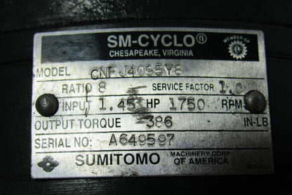 Sumitomo CNFJ4095Y8 SM-Cyclo CNFJ-4095Y8 1/2HP Gearmotor 8:1 Ratio 230/460V 3Ph