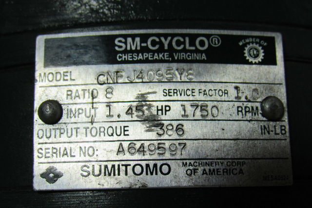 Sumitomo CNFJ4095Y8 SM-Cyclo CNFJ-4095Y8 1/2HP Gearmotor 8:1 Ratio 230/460V 3Ph