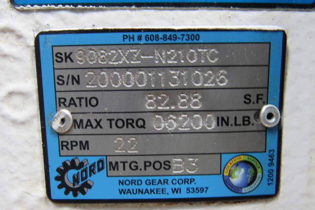 NORD GEAR 9082XZ-N210TC 82.88:1 Speed Reducer Gearbox Right Angle 06200 In/Lb.