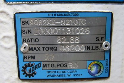 NORD GEAR 9082XZ-N210TC 82.88:1 Speed Reducer Gearbox Right Angle 06200 In/Lb.