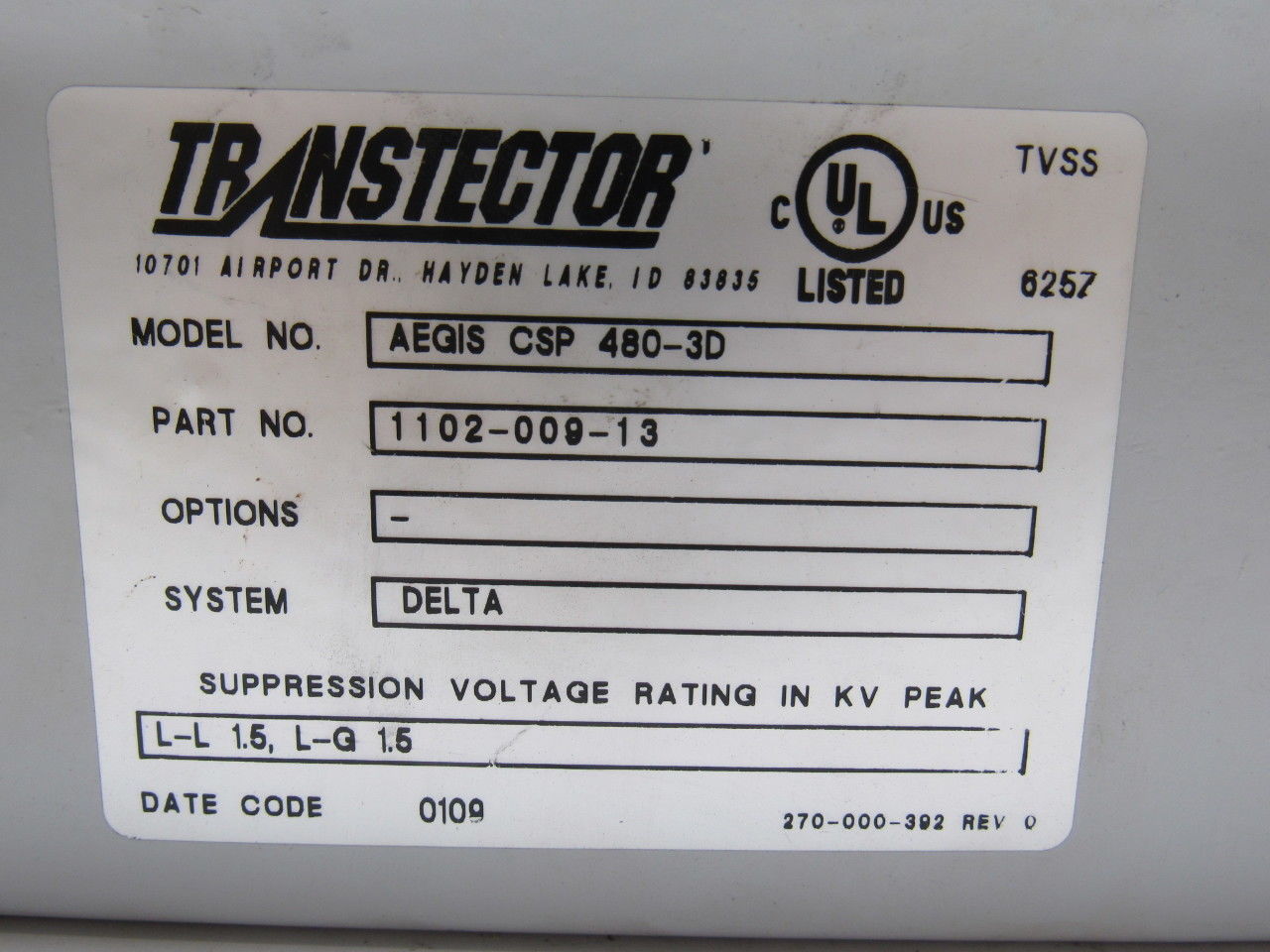 AGEIS 1102-009-13 AEGIS CSP 480-3D Series CSP Surge Suppressor 480V 1.5KV Peek