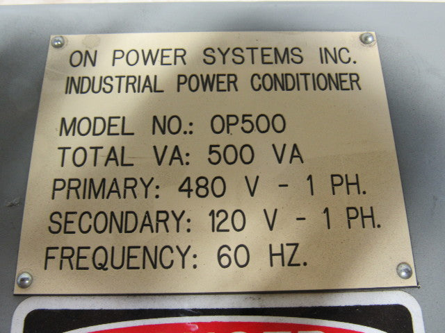 On Power Systems OP500 Power Conditioner Transformer 500VA 480V Pri 120V Sec.