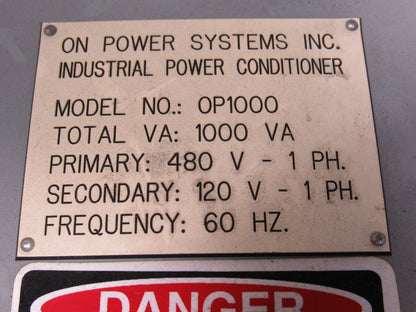 On Power Systems OP1000 Power Conditioner Transformer 1000VA 480V Pri 120V Sec.