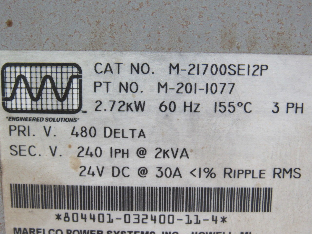 Marelco Power Systems M-201-1077 2.72KVA Transformer 480V Pri 120V/24VDC Sec