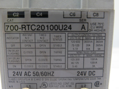 A-B Allen Bradley 700-RTC20100U24 Series A Solid State Adjustable Timing Relay
