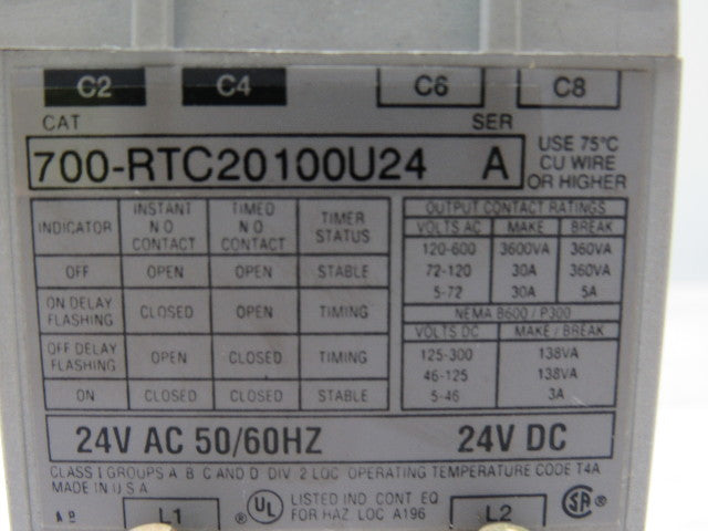 A-B Allen Bradley 700-RTC20100U24 Series A Solid State Adjustable Timing Relay