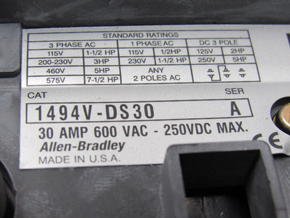 Allen Bradley 1494V-DS30 Series A 30A 3 Pole Disconnect Block W/Door Operator