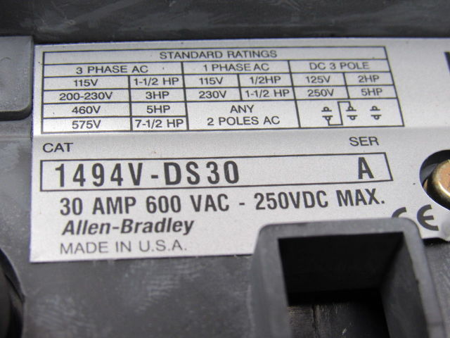 Allen Bradley 1494V-DS30 Series A 30A 3 Pole Disconnect Block W/Door Operator
