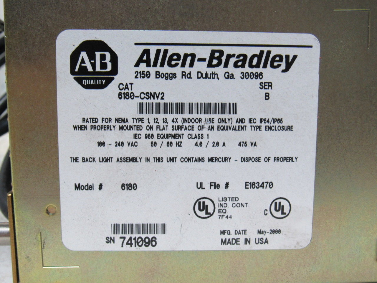 A-B Allen Bradley 6180-CSNV2 Series B Operator Interface Display Panel