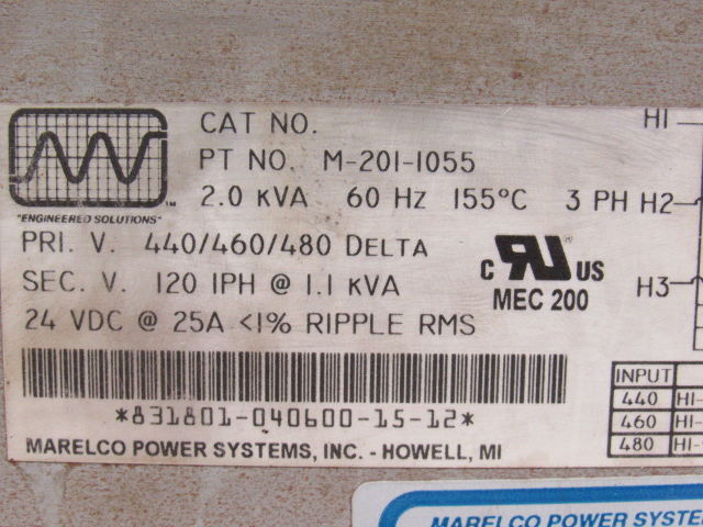 Marelco Power Systems M-201-1055 2.0KVA Transformer 480V Pri 120V/12VDC