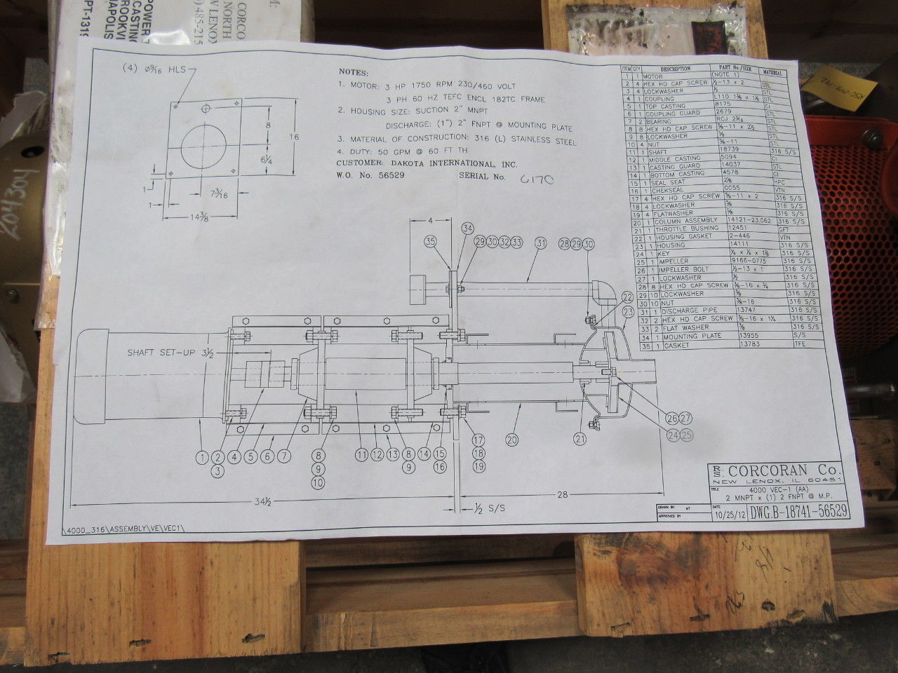 RS Corcoran 4000 VEC-1 3Hp Vertical Sump 316 Stainless Centrifugal Pump 2" x 1"