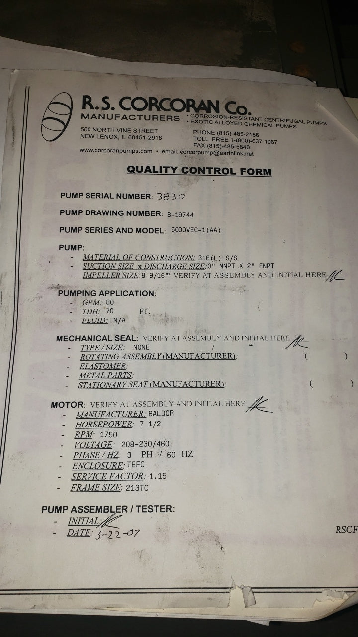 RS Corcoran 5000VEC-1 7.5Hp Vertical Sump 316 Stainless Centrifugal Pump 3"x 2"