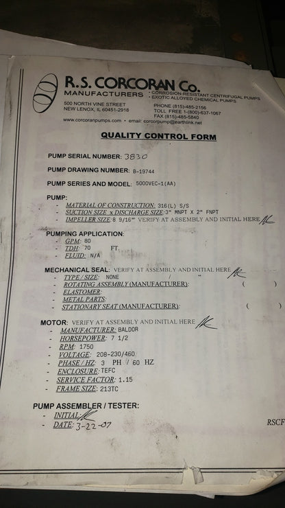RS Corcoran 5000VEC-1 7.5Hp Vertical Sump 316 Stainless Centrifugal Pump 3"x 2"