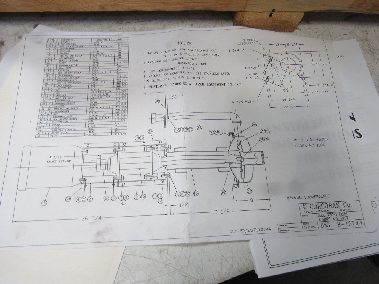 RS Corcoran 5000VEC-1 7.5Hp Vertical Sump 316 Stainless Centrifugal Pump 3"x 2"