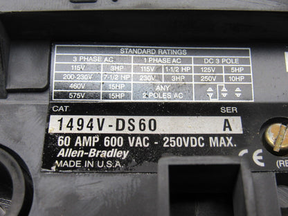Allen Bradley 1494V-DS60 Ser. A Disconnect Switch 60A 600V Non-Fused Right Hand