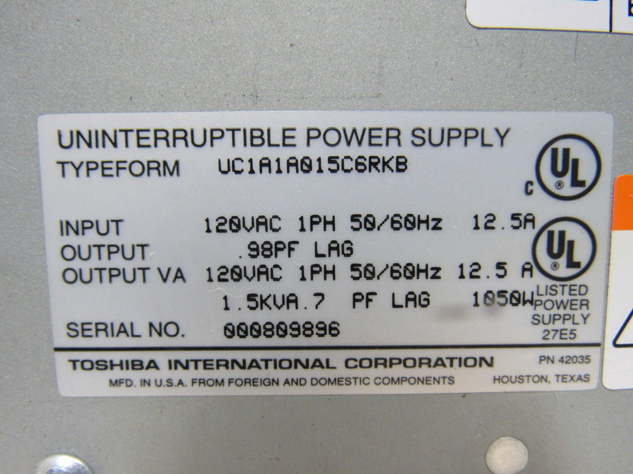 Toshiba UC1A1A015C6RKB 1400RE SERIES Uninterruptible Power Supply Back Up