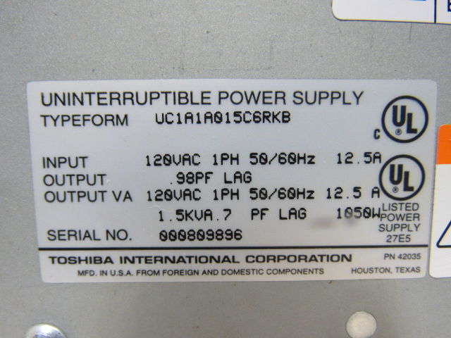 Toshiba UC1A1A015C6RKB 1400RE SERIES Uninterruptible Power Supply Back Up