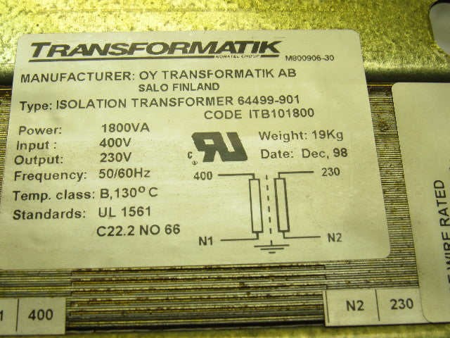 Transformatik 64499-901 Isolation Transformer 1800VA 230V Output 50/60Hz
