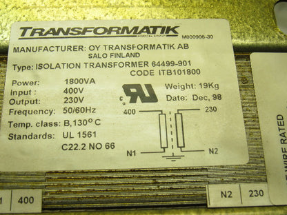 Transformatik 64499-901 Isolation Transformer 1800VA 230V Output 50/60Hz