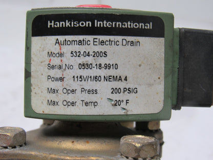 Hankison 532-04-200S Automatic Elect. Drain 1/2 NPT 115V