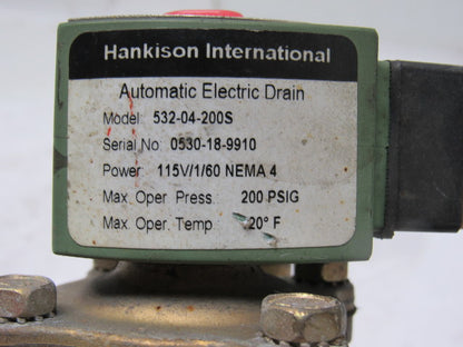 Hankison 532-04-200S Automatic Elect. Drain 1/2 NPT 115V