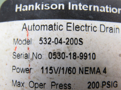 Hankison 532-04-200S Automatic Elect. Drain 1/2 NPT 115V