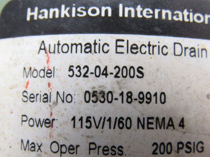 Hankison 532-04-200S Automatic Elect. Drain 1/2 NPT 115V