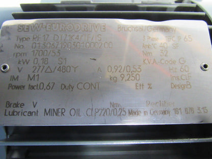 Sew Eurodrive RF17 DT71K4/TF/IS 31.94:1 Ratio 1700/53 RPM Gear Motor 20mm Shaft