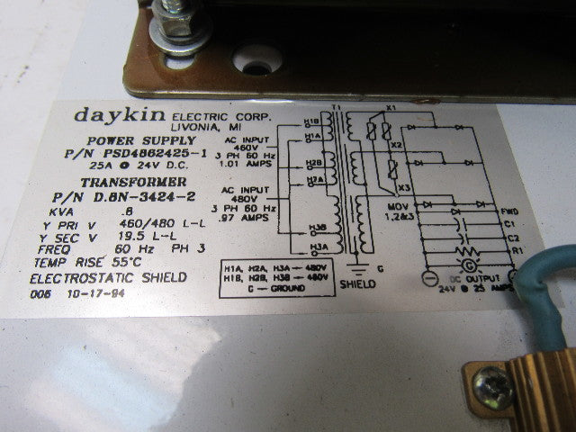 Daykin PSD4862425-1 Power Supply 25A 24VDC 460/480 Primary