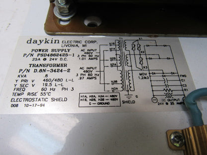 Daykin PSD4862425-1 Power Supply 25A 24VDC 460/480 Primary
