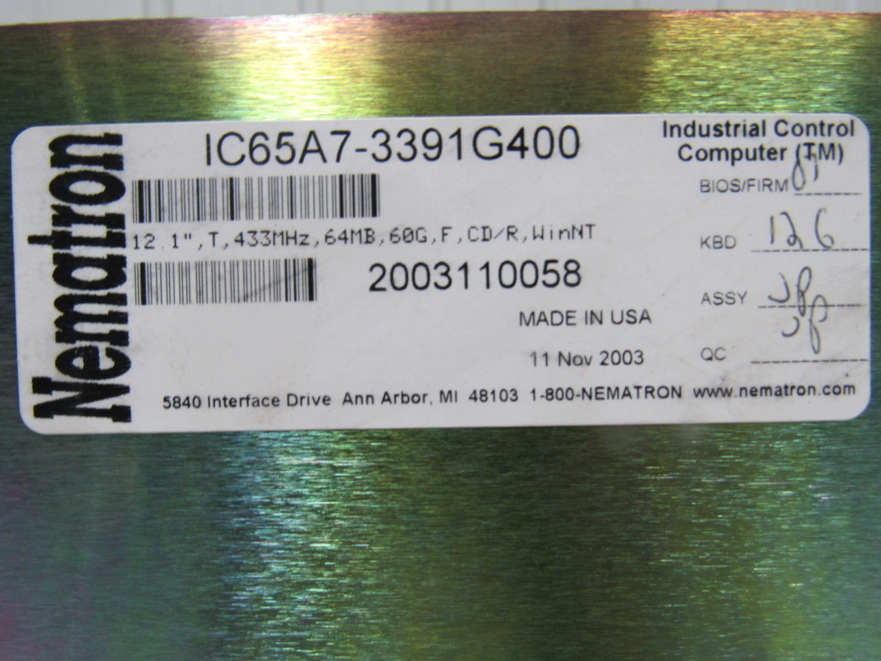 Nematron IC65A7-3391G400 Operator Interface Control unit Industrial Computer