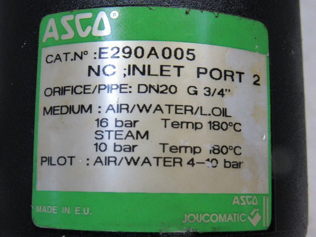 Asco E290A005 3/4" 2/2 Way Pressure Operated Valve Air/Water Pilot 4-10 Bar