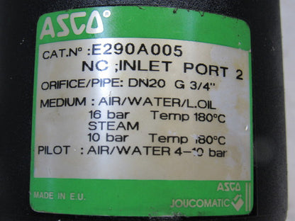 Asco E290A005 3/4" 2/2 Way Pressure Operated Valve Air/Water Pilot 4-10 Bar