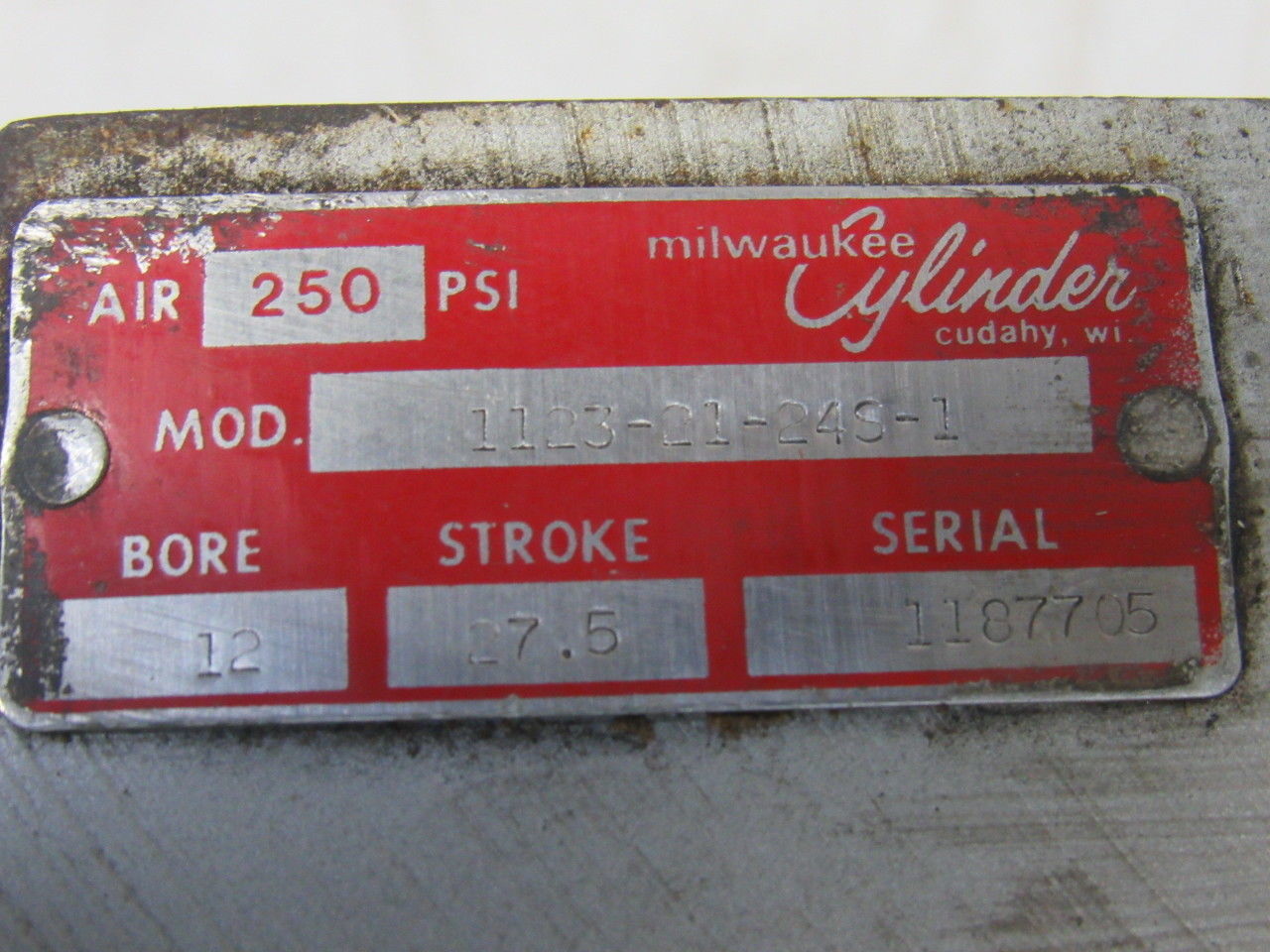 Milwaukee 1123-21-24S-1 12" Bore 27.5" Stroke 250 PSI 2-1/2"-12 Rod Air Cylinder