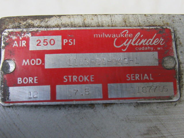 Milwaukee 1123-21-24S-1 12" Bore 27.5" Stroke 250 PSI 2-1/2"-12 Rod Air Cylinder