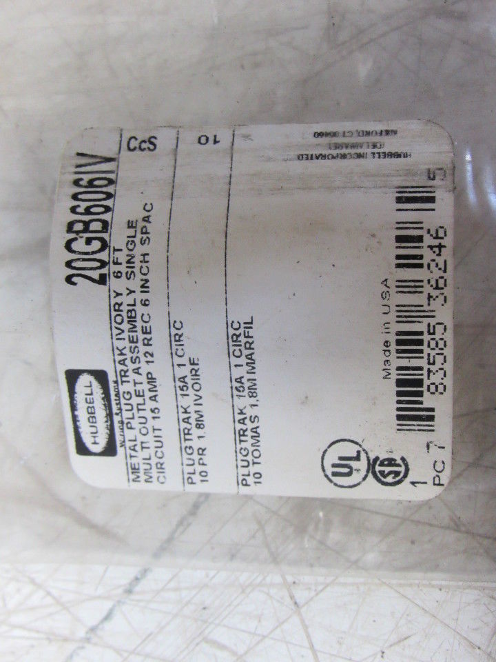 Hubbell 20GB606IV 6' 1-Circuit 15A 12 Outlets Metal Track Ivory Lot of 3