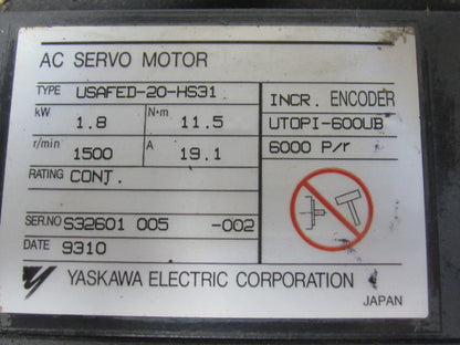 Yaskawa USAFED-20-HS31 1.8Kw AC Servo Motor CNC 1500 RPM 1-3/8" Shaft Encoder