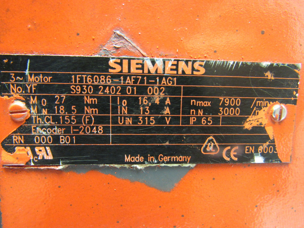 Siemens 1FT60861AF711AG1 YF 3Phase 7900n Max/Min 32mm Shaft AC Servo Motor 600V