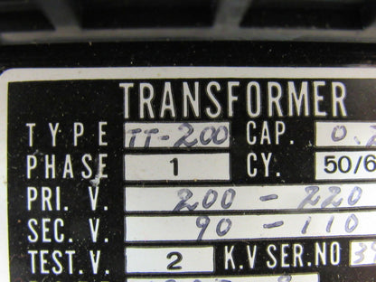 Takagi Electric TT-200 200/220V Pri 90-110V Secondary 0.2KA 1Ph 50/60Hz