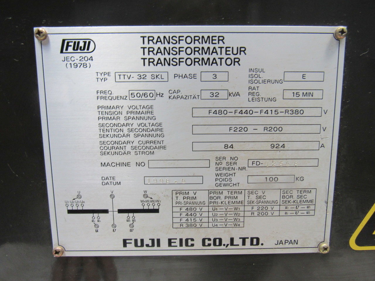 Fuji Electric TTV-32 SKL 380-480V Pri 220-200V Sec 32KVA 3Ph 50/60Hz Transformer