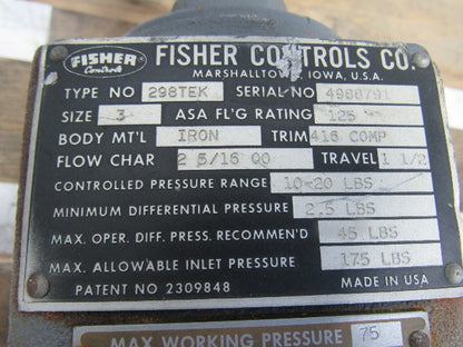 Fisher Controls 298TEK 3" Flange Mount Back Pressure Regulator 175 PSI MAX