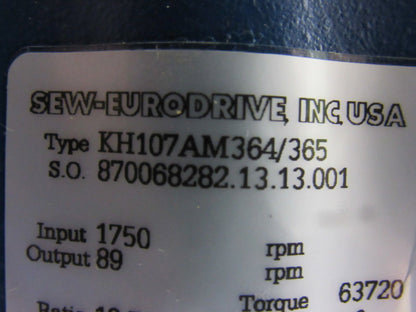 Sew Eurodrive 	 KH107AM364/365 19.74:1 89 RPM Output 95mm Shaft RH Gear Reducer