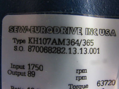 Sew Eurodrive 	 KH107AM364/365 19.74:1 89 RPM Output 95mm Shaft RH Gear Reducer