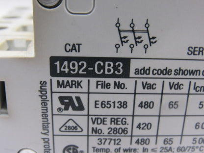 A-B Allen Bradley 1492-CB3 H100 10A 4 Pole Circuit Breaker Rail Mount
