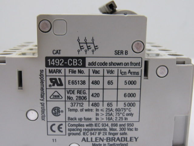 A-B Allen Bradley 1492-CB3 H100 10A 4 Pole Circuit Breaker Rail Mount