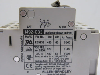 A-B Allen Bradley 1492-CB3 H100 10A 4 Pole Circuit Breaker Rail Mount