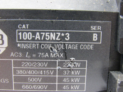A-B Allen Bradley 100-A75NZ*3 Series B Contactor Starter 24VDC Coil