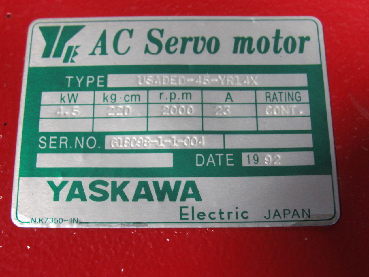 Yaskawa USADED-45-YR14X 6Hp 4.5kW 2000RPM AC Servo Motor W/ Absolute Encoder