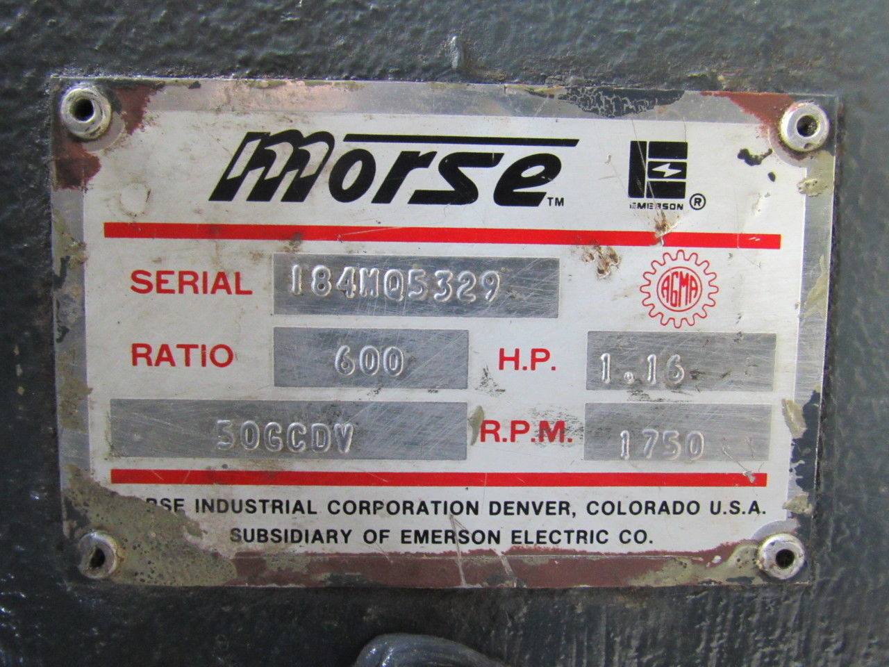 Morse 184MQ5329 50GCDV 600:1 1.16Hp 1750 RPM Input 2.91 RPM Output