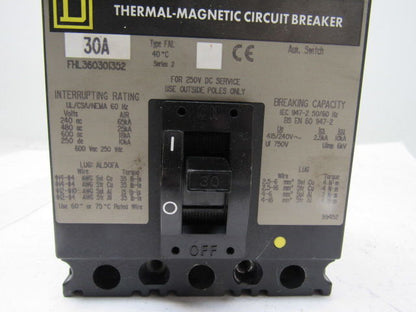 Square D  FHL360301352 30A 600V Thermal Magnetic Circuit Breaker W/Aux Contacts